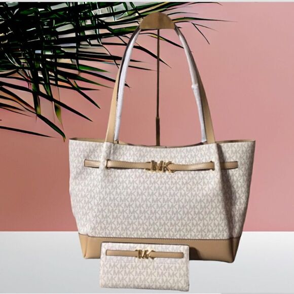 MICHAEL KORS SIGNATURE LAPTOP TOTE COLOR BLOCK AND WALLET SET